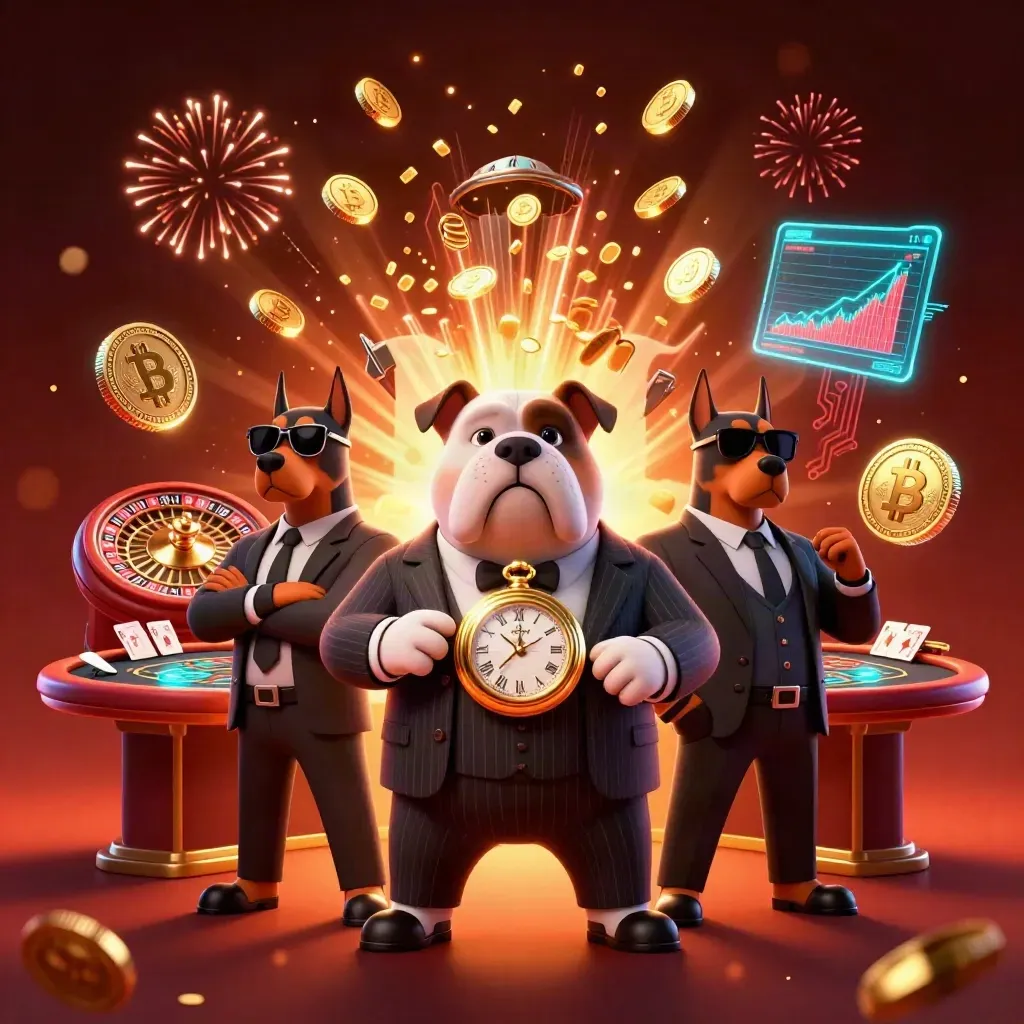 Bulldog mob boss and Dobermans amid exploding coins, roulette, cards, neon casino effects.