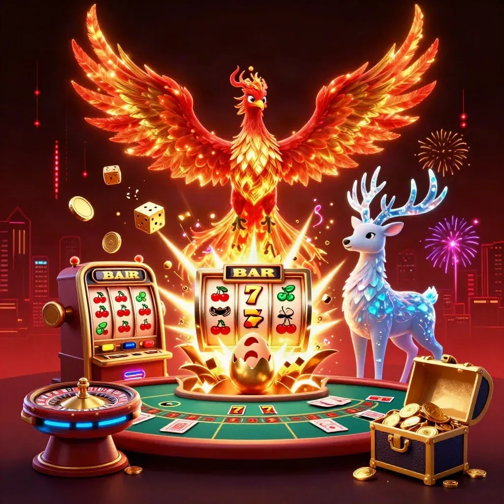 Fire phoenix, baby phoenix, and crystal stag amid exploding jackpot symbols and gold coins.