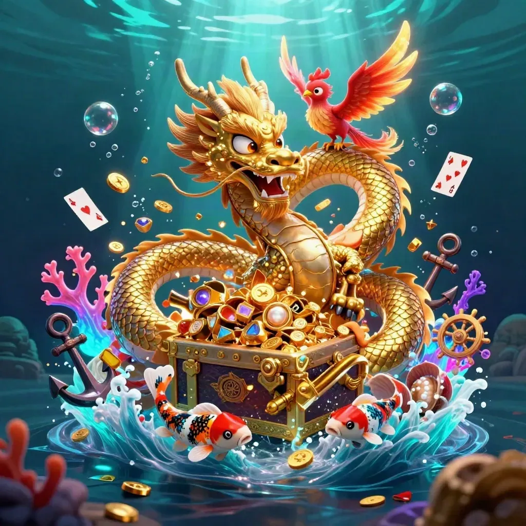 Golden dragon, phoenix, and koi erupt from a treasure chest in a cyan-lit underwater cove.