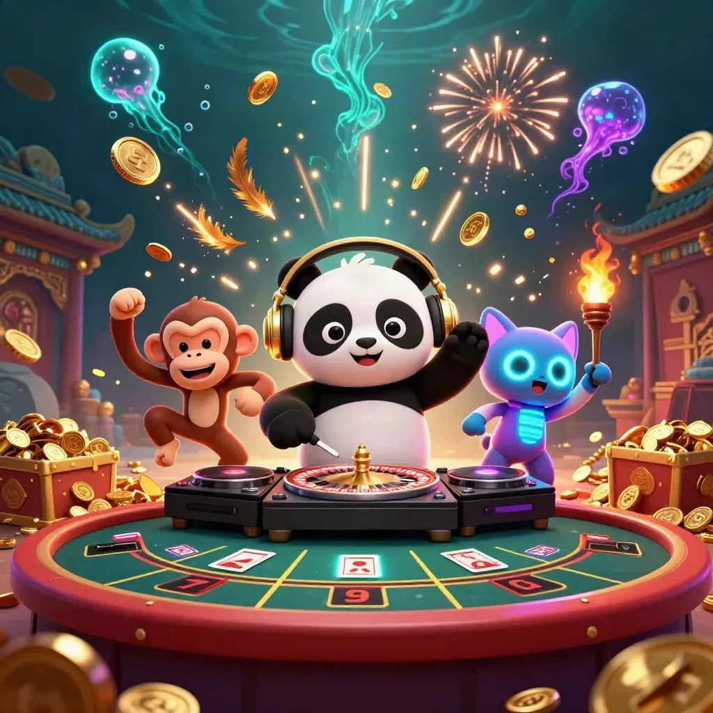 Panda DJ, dancing monkey and rave kitten amid coins, temple gate, and casino lights.