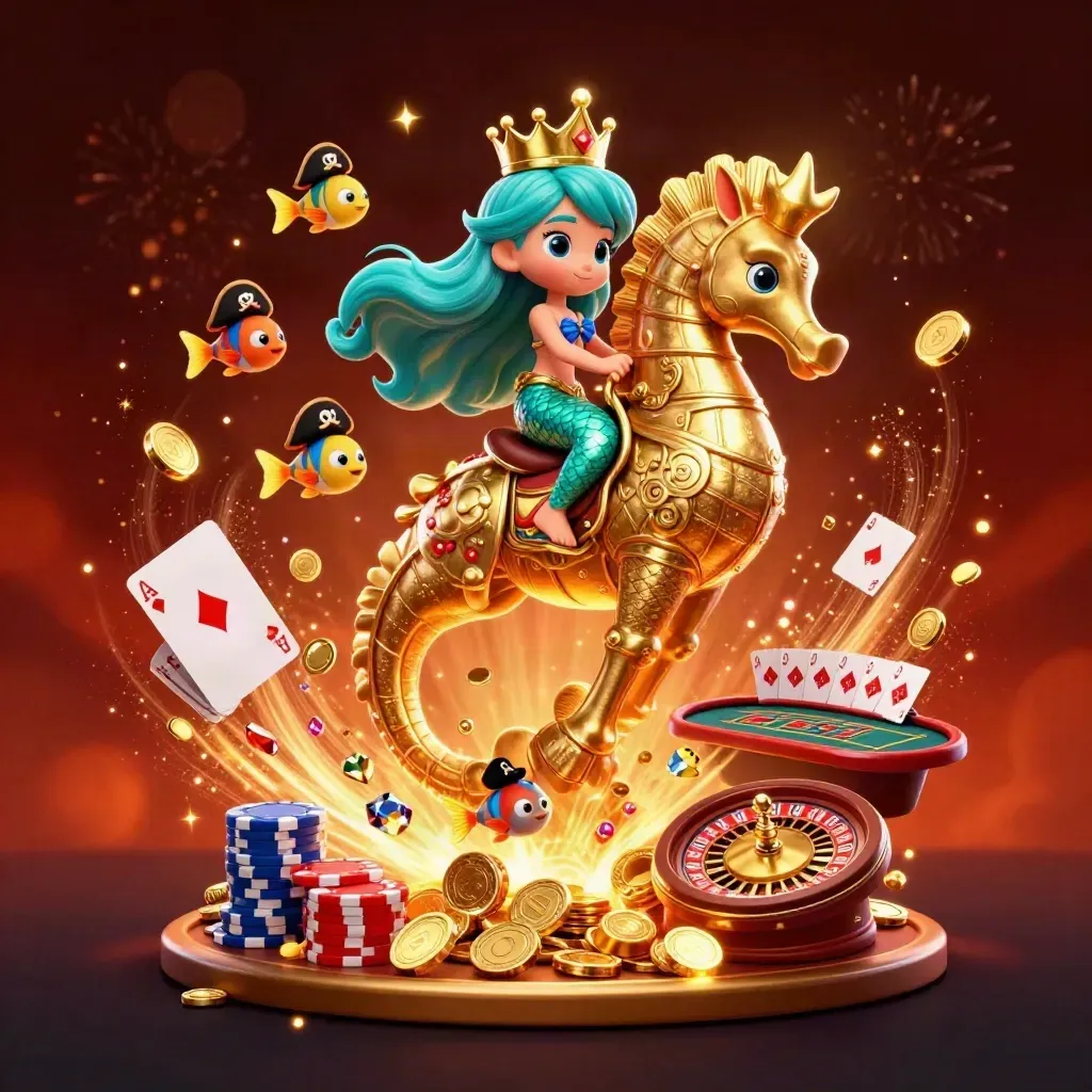 Mermaid princess on armored seahorse with pirate fish, coins, chips, cards, and roulette wheel bursting in casino glow