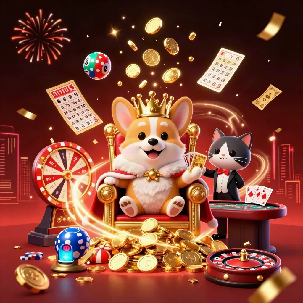 Royal corgi and cat butler amid casino confetti, coins, wheels, fireworks, neon energy.