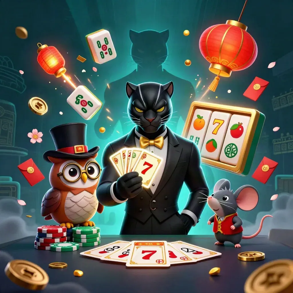 Black panther, owl, and mouse casino hero art with chips, lanterns, coins, and slot symbols.