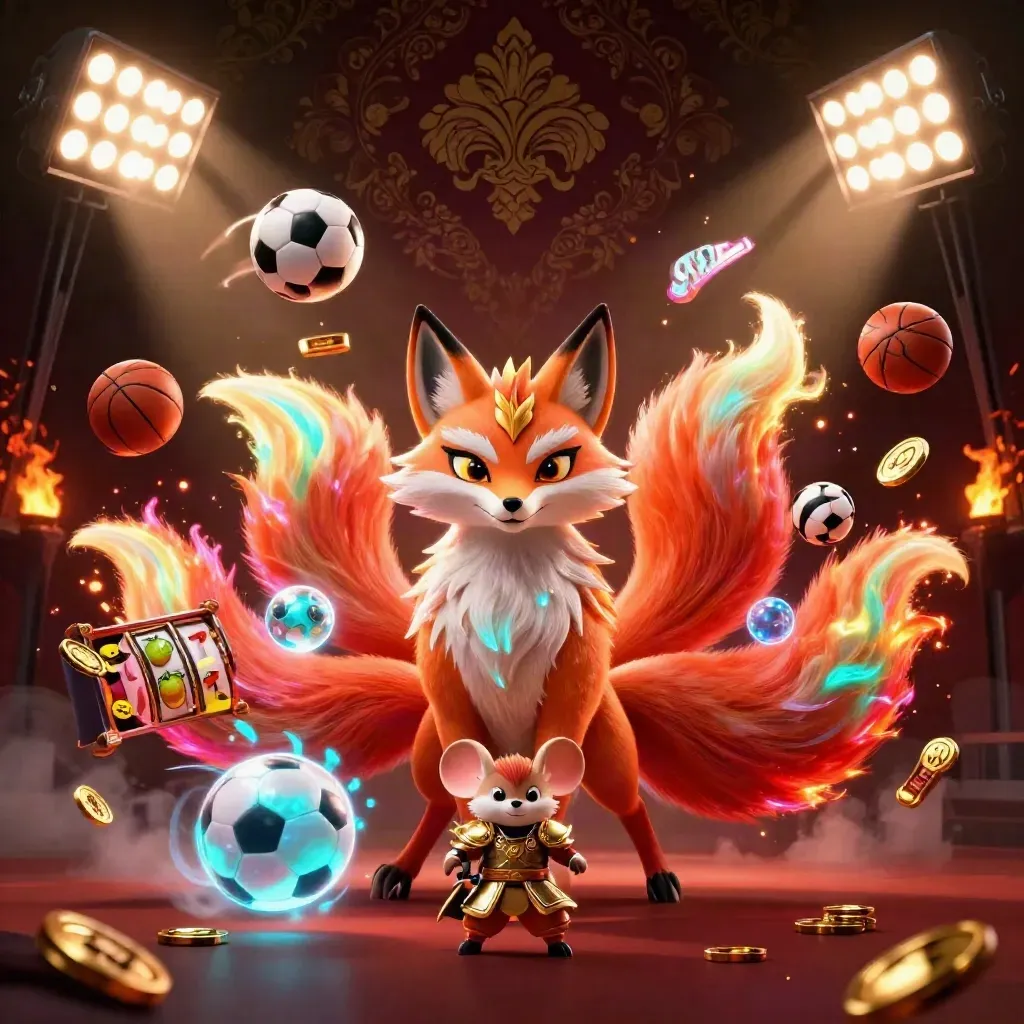 Neon fox spirit and samurai mouse amid casino lights, coins, reels, trophies and orbs.