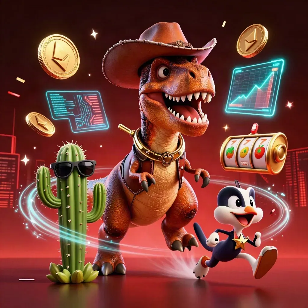 Cowboy T-Rex with cactus and roadrunner amid casino coins, reels, lightning, and red-gold sparks.