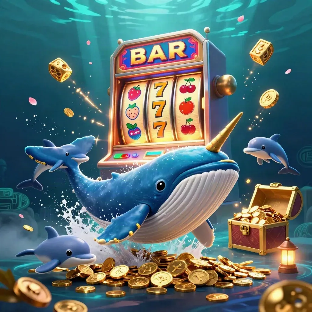 Captain whale, narwhal, and dolphins burst from coins with slots, dice, and treasure in neon sea