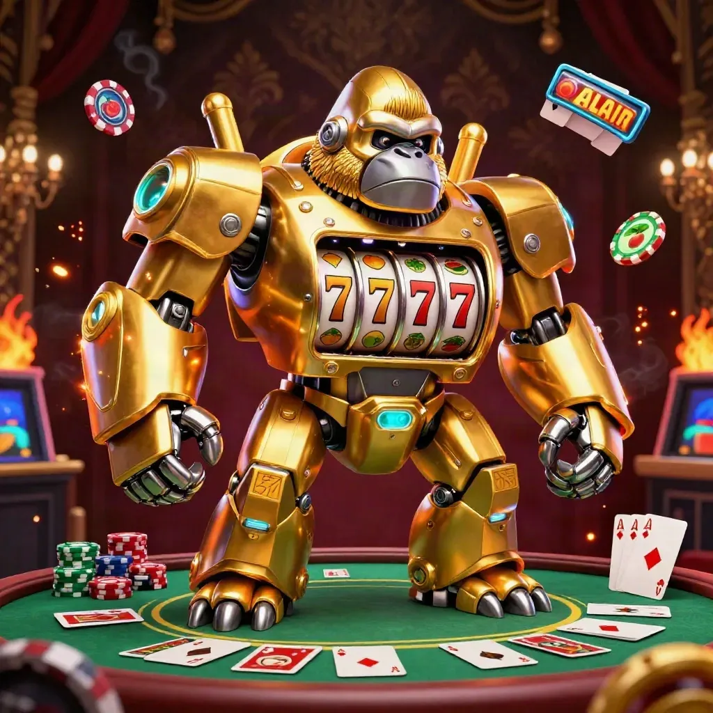 Golden gorilla mech with monkey pilot amid casino chips, cards, reels, embers, and damask backdrop.