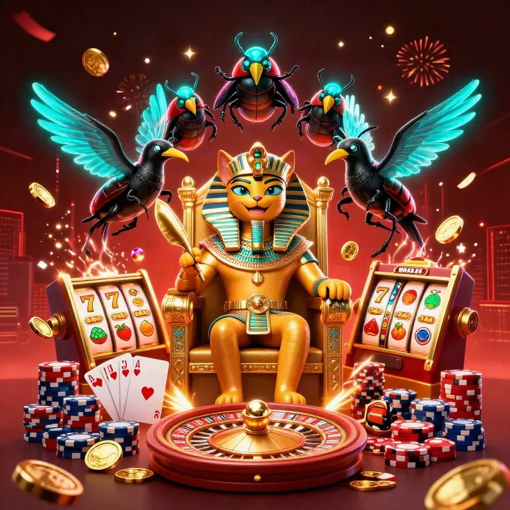 Pharaoh cat on a gold throne with ibis scribe, scarabs, and casino gold bursts.