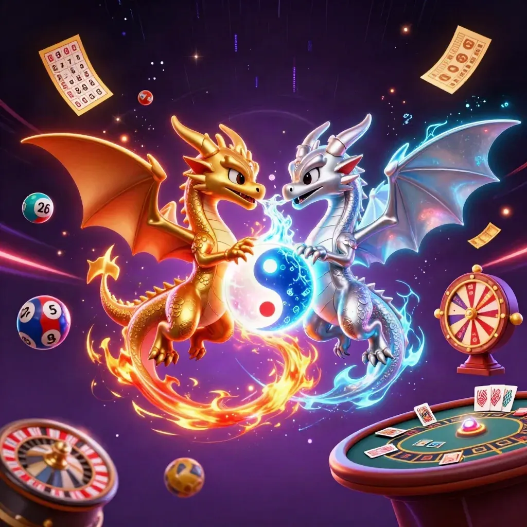 Gold and silver dragons swirl with casino icons in a neon purple space backdrop.