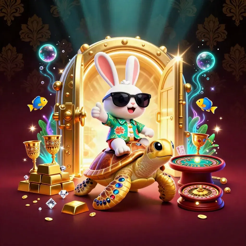 Lucky rabbit on a golden sea turtle amid vault gold, cards, and neon casino glow.