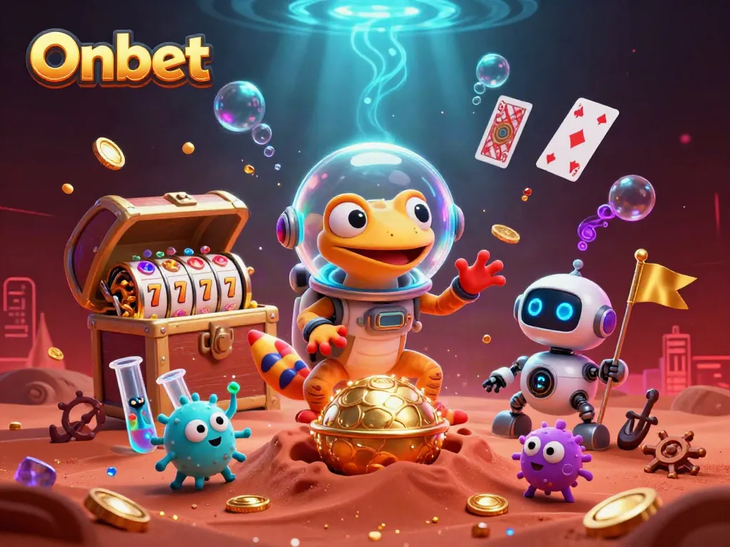 Experience the thrill of Onbet with a colorful casino adventure featuring an alien gecko exploring a buried treasure.