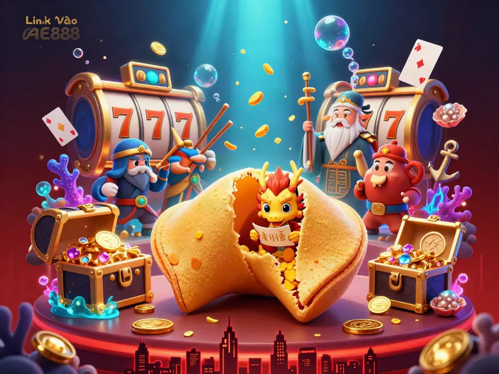 Engage with Link Vào AE888 through this vibrant, immersive illustration showcasing a golden fortune cookie casino scene.