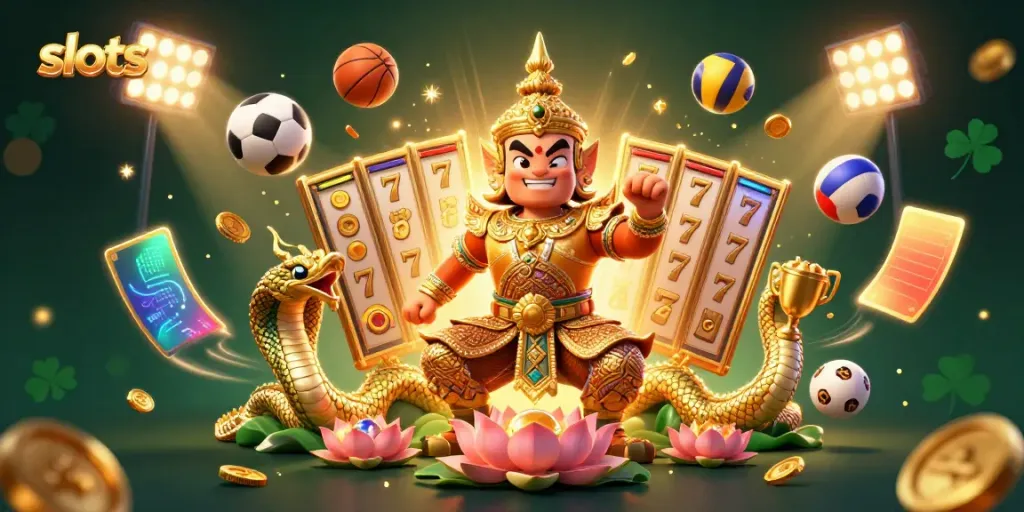 Experience the excitement of slots in a vibrant illustration featuring a guardian and winning elements.