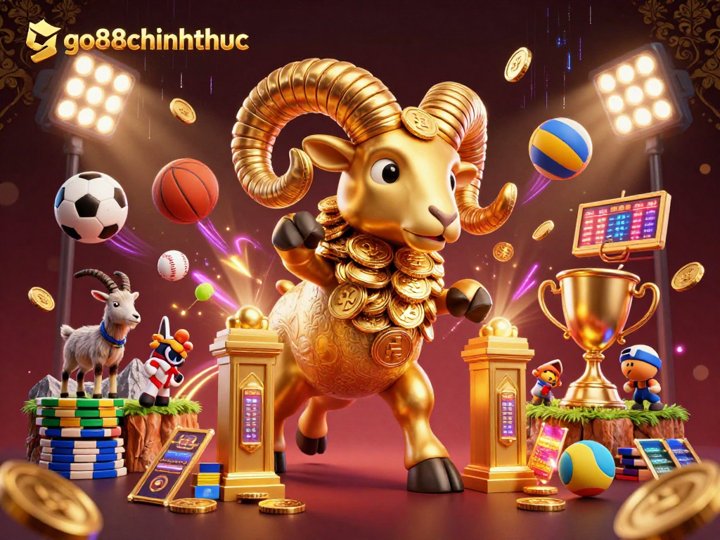 Experience the vibrant energy of go88chinhthuc with golden ram charging through a colorful sports-themed casino.
