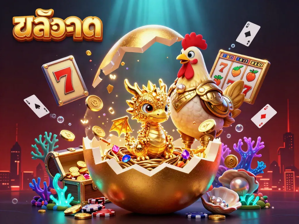 Spin the reels of สล็อต while a baby dragon guards a nest of poker chips.