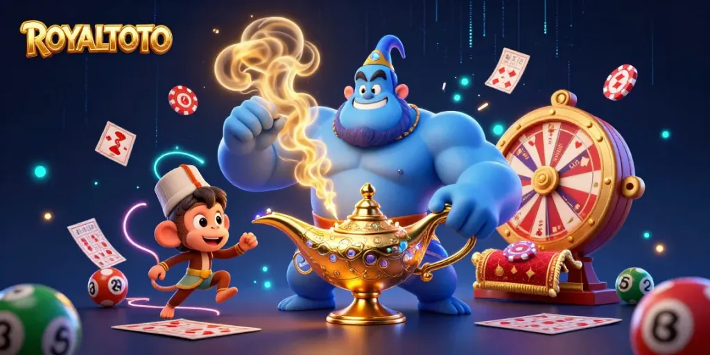 Engage with lottery excitement at ROYALTOTO featuring genies, bingo balls, and vibrant casino elements.