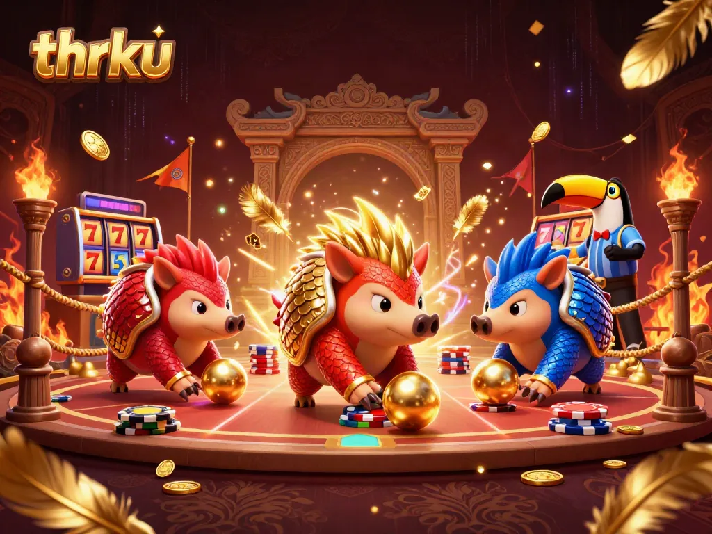 thrku pangolins compete in an energetic casino scene filled with poker chips and slot reels.