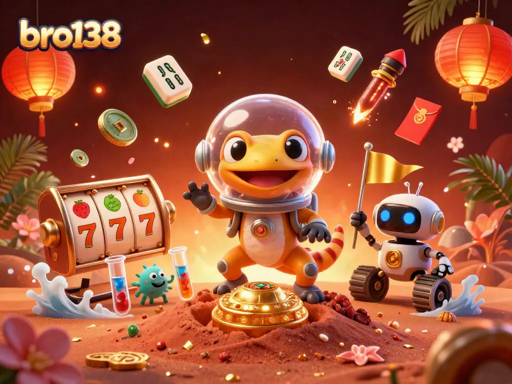Engage with bro138 in a vibrant 3D casino scene filled with dynamic slot reels and rich gold elements.