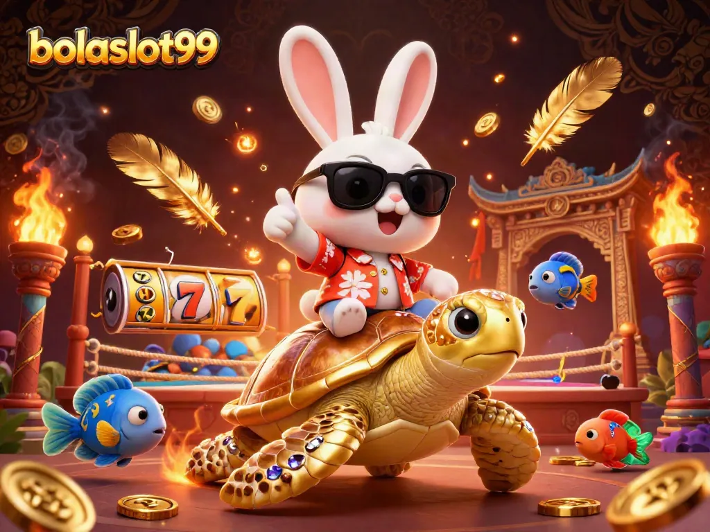 Bolaslot99 brings excitement with a lucky rabbit and golden sea turtle in a vibrant casino scene.