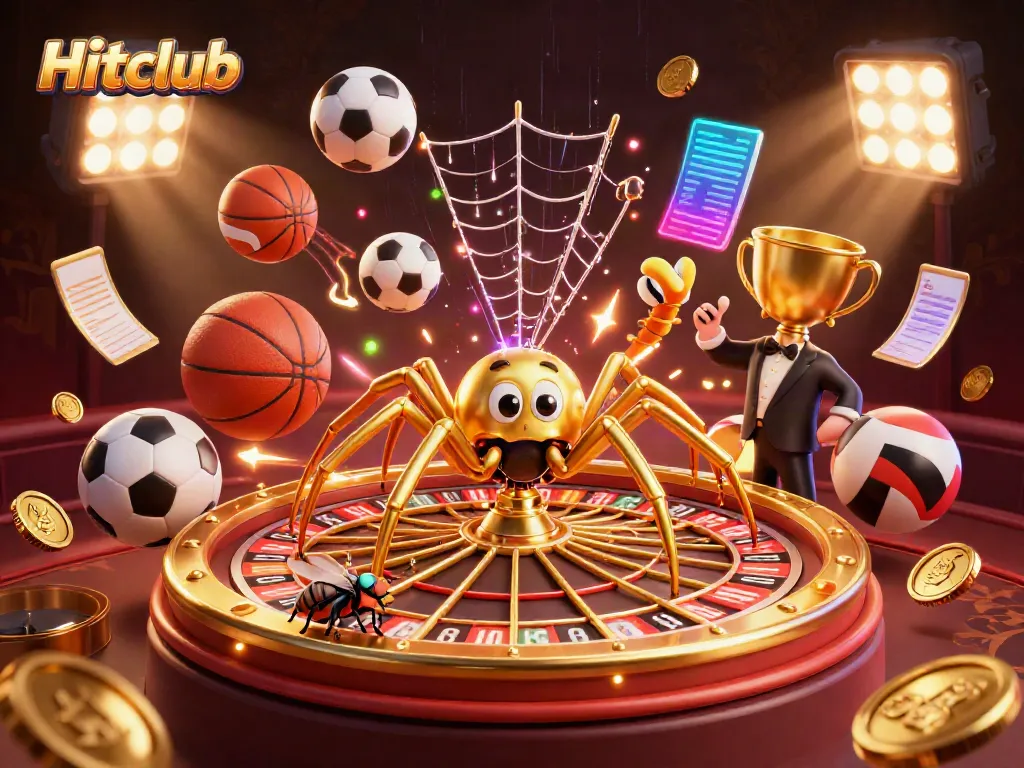 Hitclub casino with a golden spider and centipede croupier, showcasing dynamic gambling excitement.