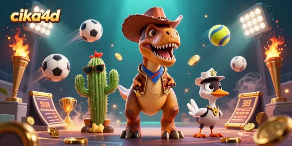 Cika4d engages players in a lively scene with a cowboy dinosaur and vibrant sports elements for exciting bets.