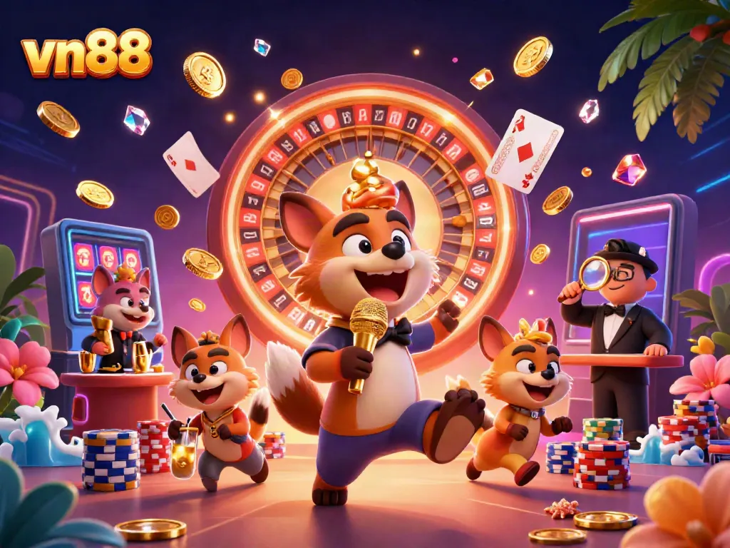 Join the fun at VN88's vibrant casino scene with hyenas engaging in various entertaining activities.
