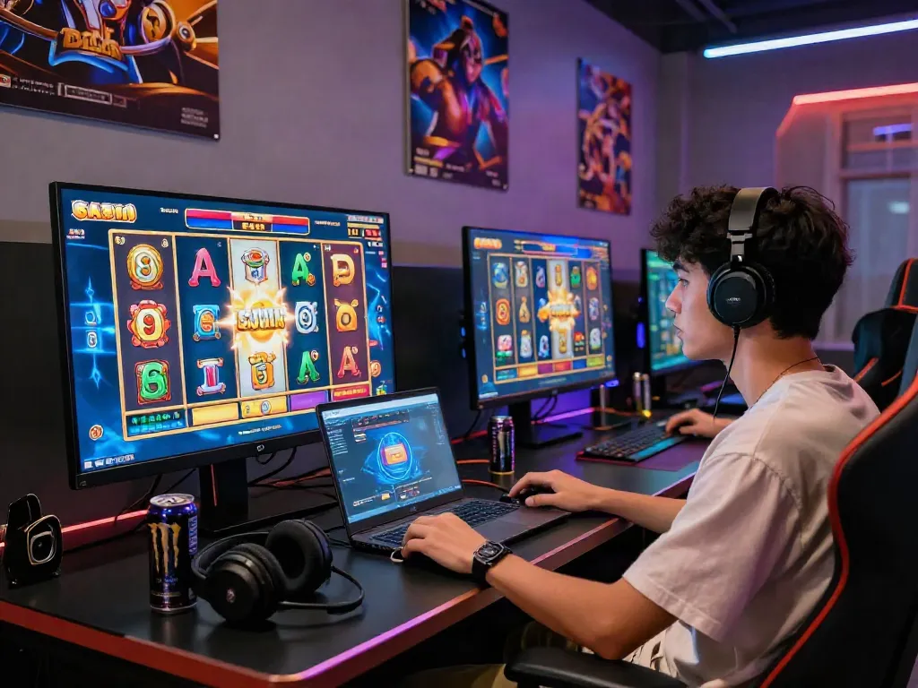 Engaged player enjoying slot online gacor on multiple screens with vibrant graphics and dynamic atmosphere.