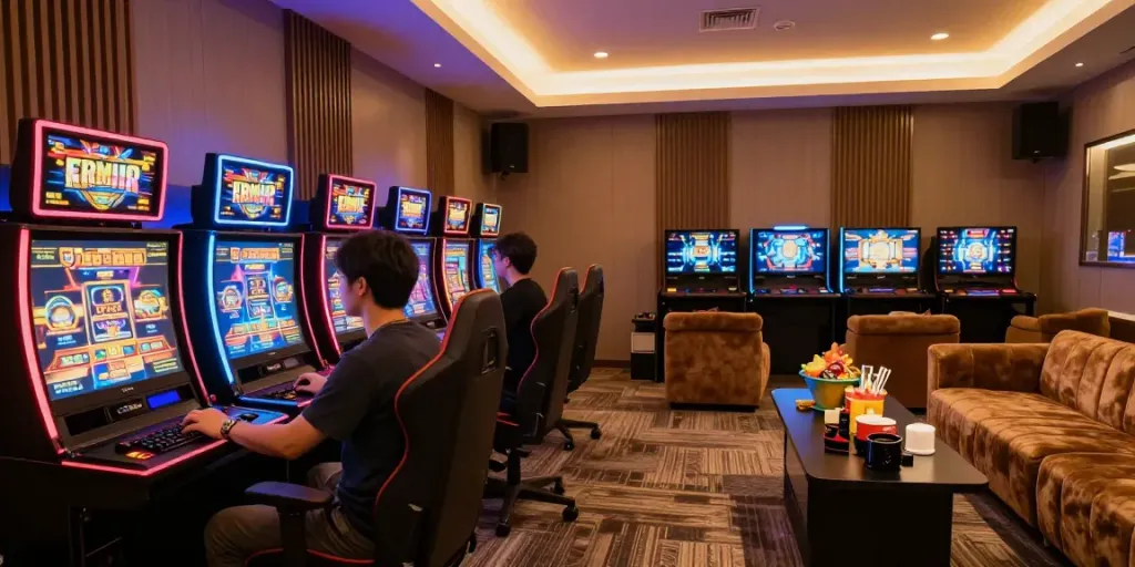Immersive Yumetoto gaming scene featuring a luxurious lounge setup with vibrant lights and gaming accessories.