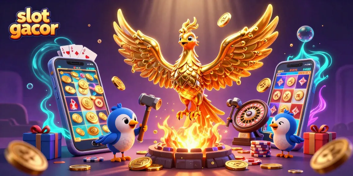 Menangkan slot gacor dengan ilustrasi indah burung phoenix emas dan elemen kasino.