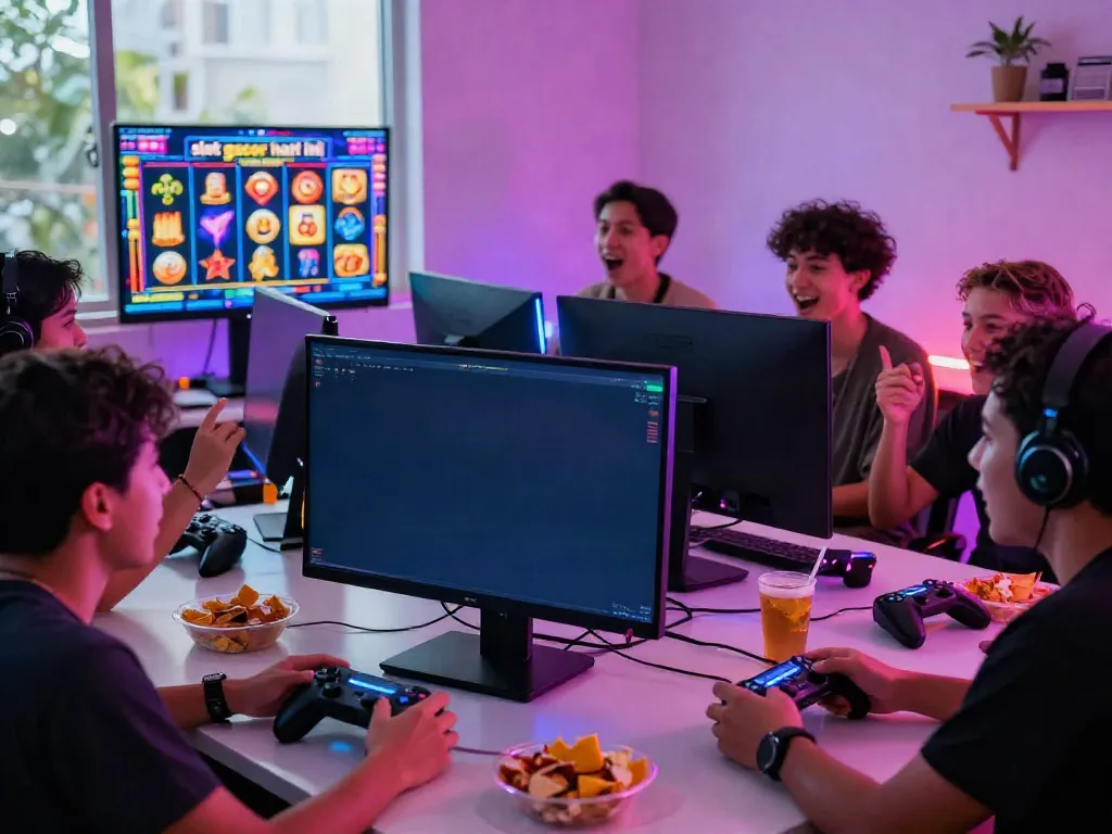 Friends enjoying a thrilling gaming session focused on slot gacor hari ini surrounded by snacks and gaming gear.