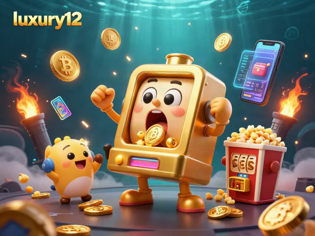 Mesin slot "luxury12" memutar jackpot, dikelilingi koin Bitcoin dan Ethereum dalam suasana kasino.