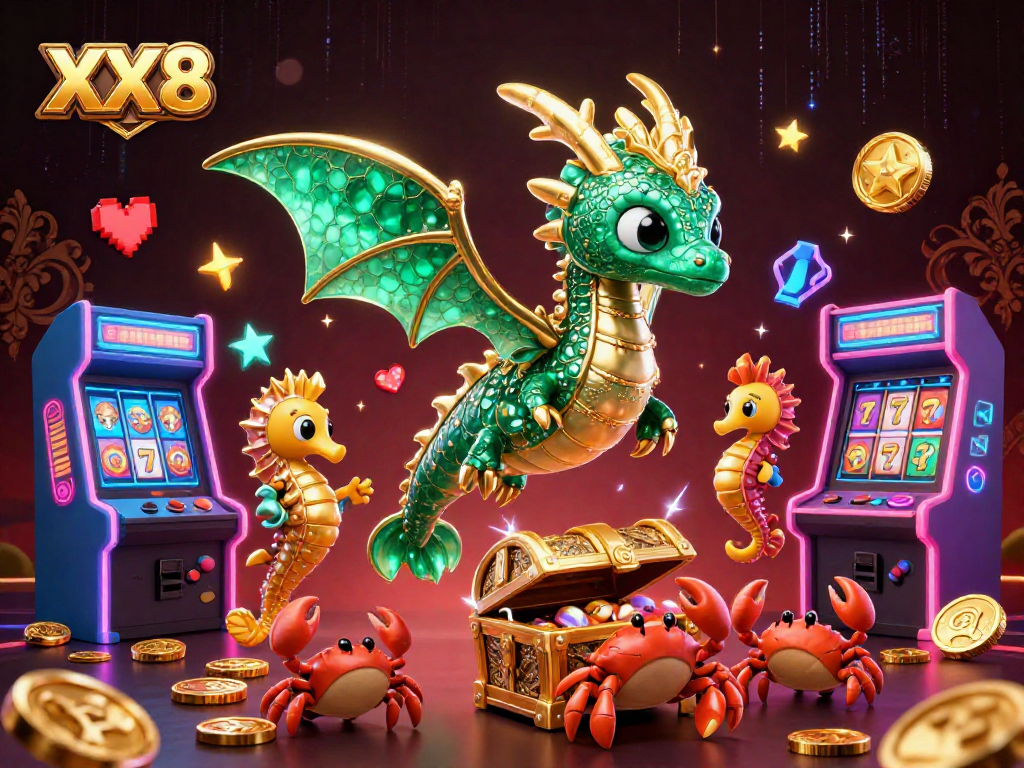 Experience thrilling gaming on XX8 with emerald sea dragon, treasure chest, and colorful casino elements.