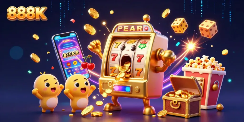 Experience the excitement of 888K with a vibrant 3D illustration of a lucky slot machine jackpot.