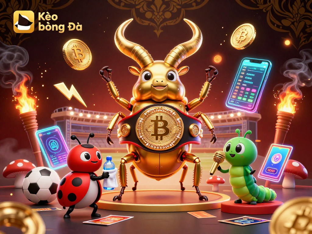 Kèo Bóng Đá showcases a golden stag beetle champion surrounded by sports elements, embodying vibrant energy.