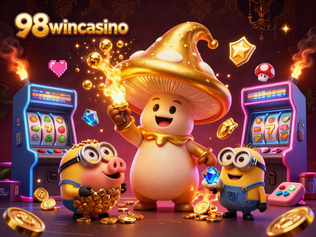 Engage with 98wincasino in a magical golden gaming atmosphere featuring whimsical characters and dynamic slot elements.
