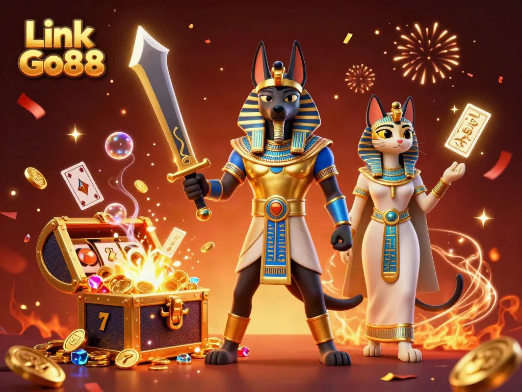 Experience thrilling gaming action with Link Go88, featuring Anubis and Bastet amidst vibrant casino elements.