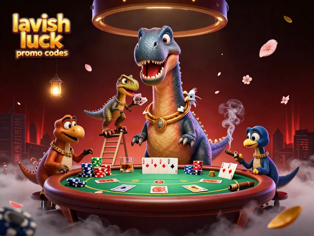 Engage with Lavish Luck Promo Codes for thrilling poker action in a lively 3D casino scene.