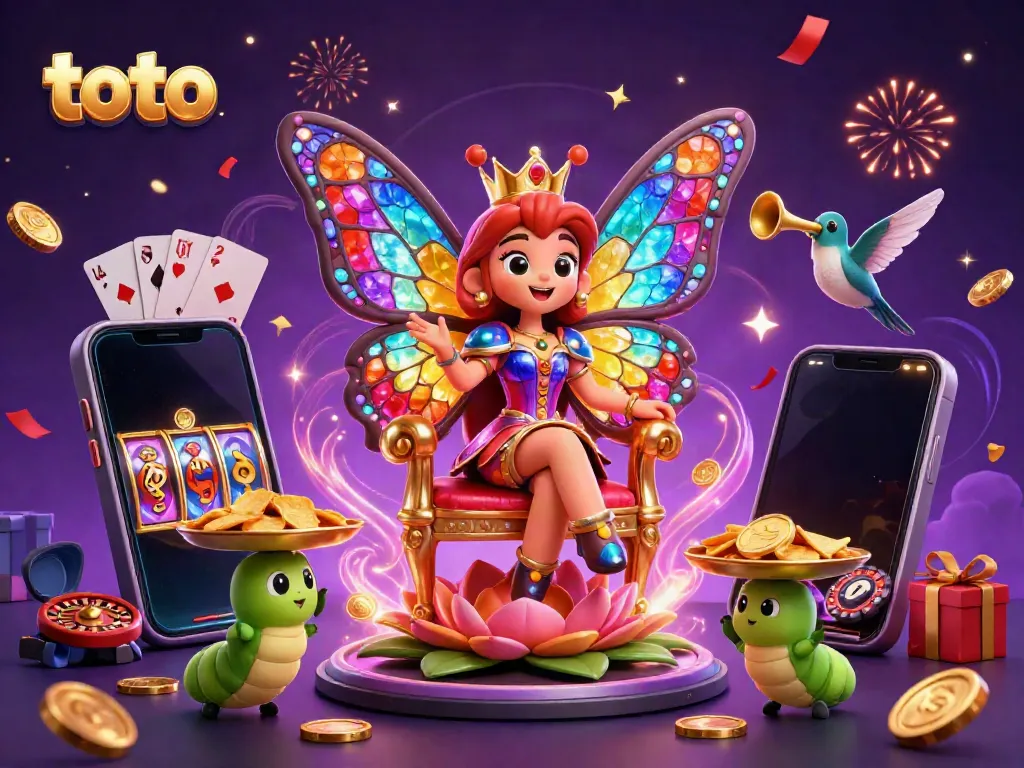 Engaging scene showcasing a vibrant gaming atmosphere with the toto theme, featuring a butterfly queen and gaming elements.