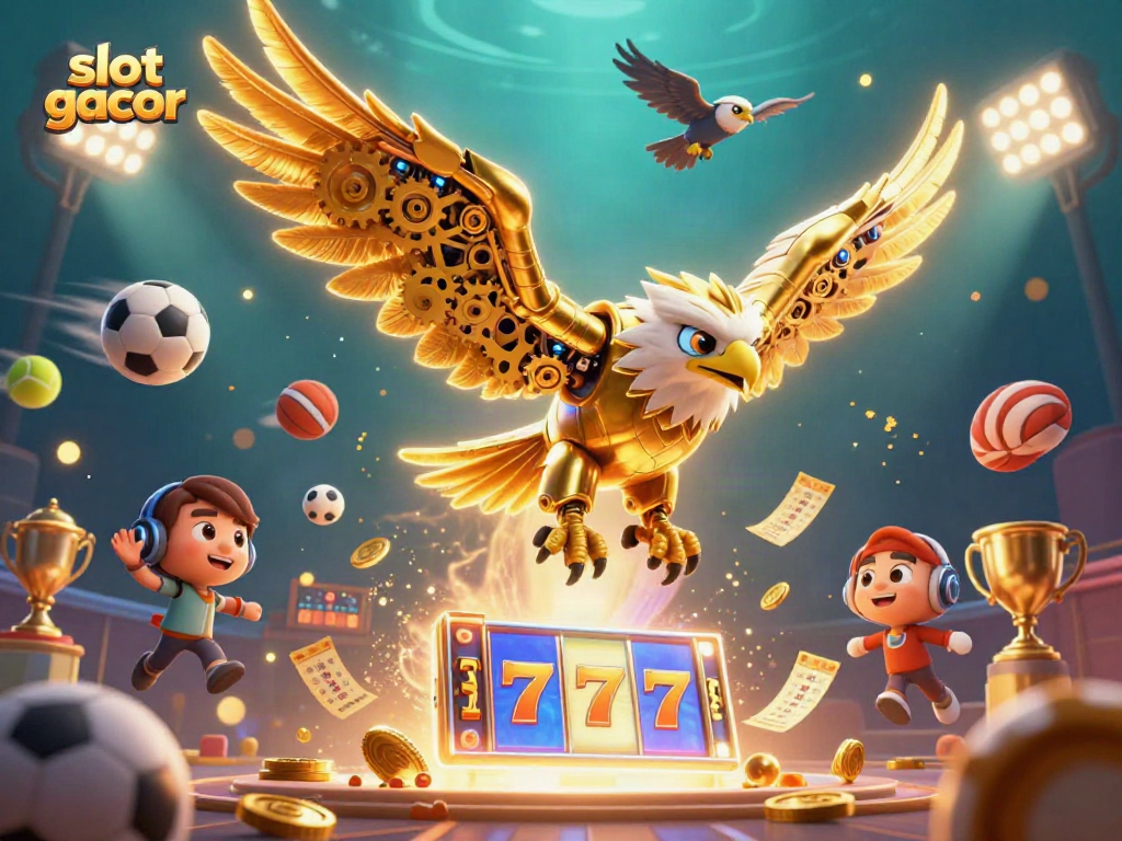 Experience thrilling wins with slot gacor as a cybernetic eagle dives through jackpot symbols.