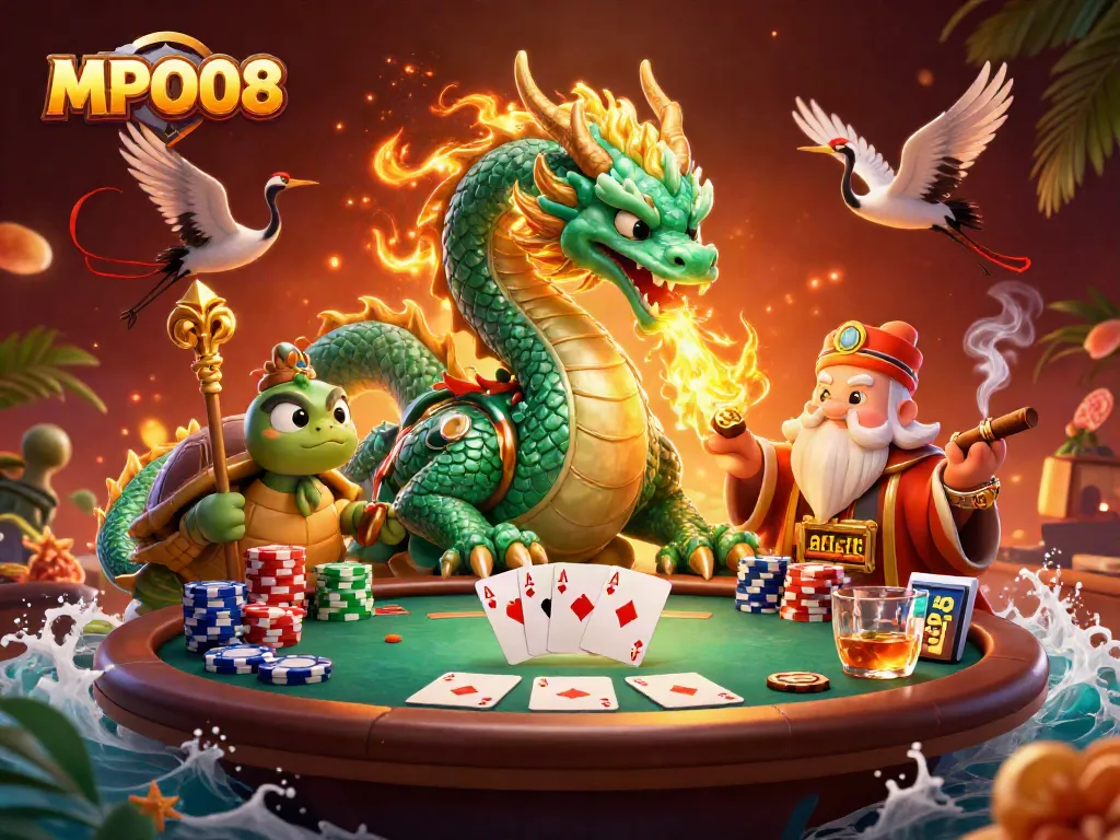 MPO08 offers winning poker strategies with an emerald jade dragon and golden elements in a vibrant casino scene.