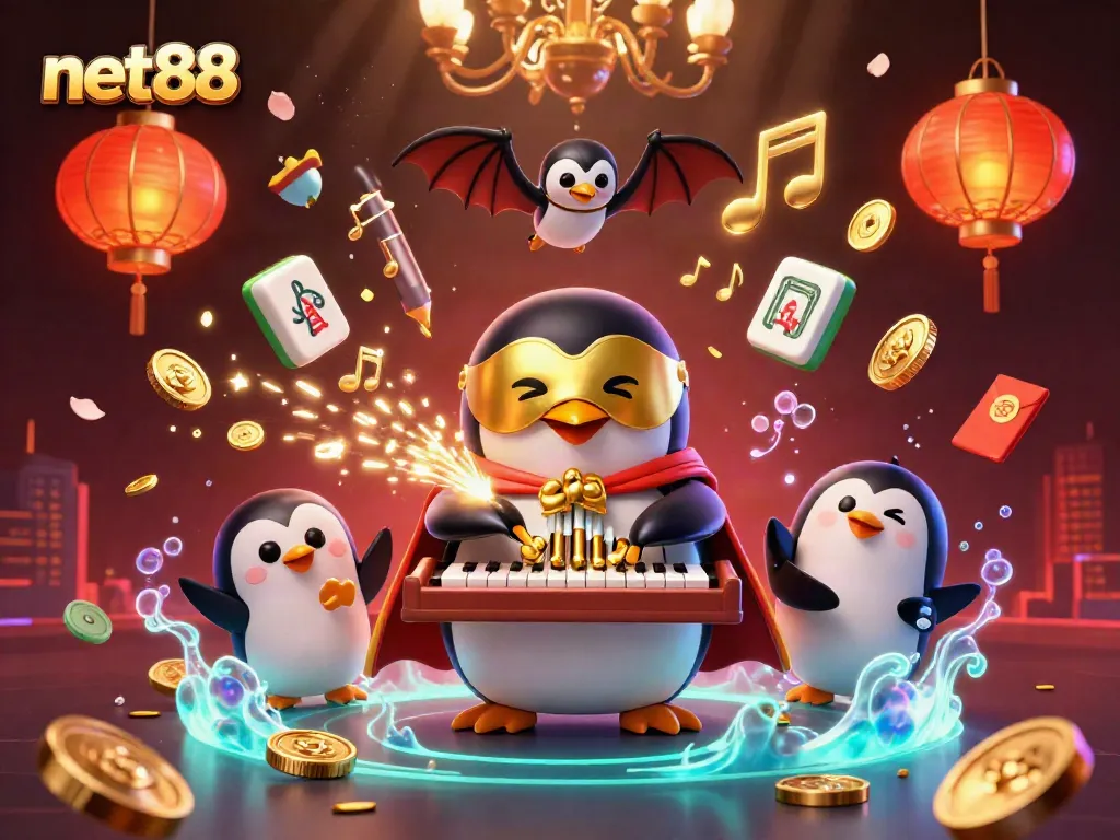 Experience the thrilling atmosphere of net88's casino games featuring an animated penguin playing an organ amidst golden coins and festive elements.