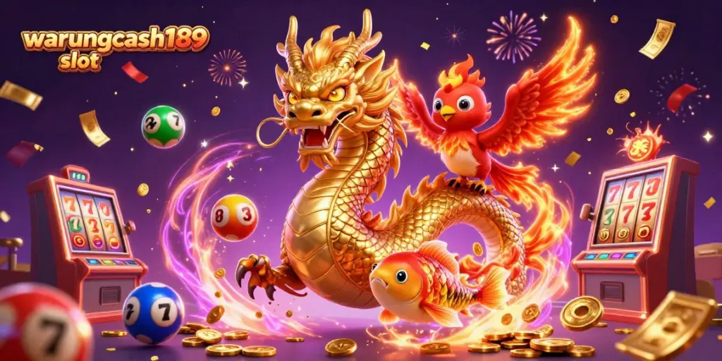 Experience exciting gameplay with warungcash189 slot, featuring a fierce dragon, phoenix, and koi fish amidst vibrant game elements and confetti.