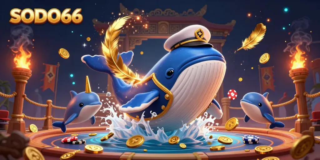 Engage with SODO66's vibrant casino world featuring a whale and playful dolphins amidst gold coins.