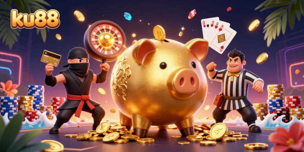 Engage in exciting gameplay with ku88 as a golden piggy bank wrestler dominates the casino scene.