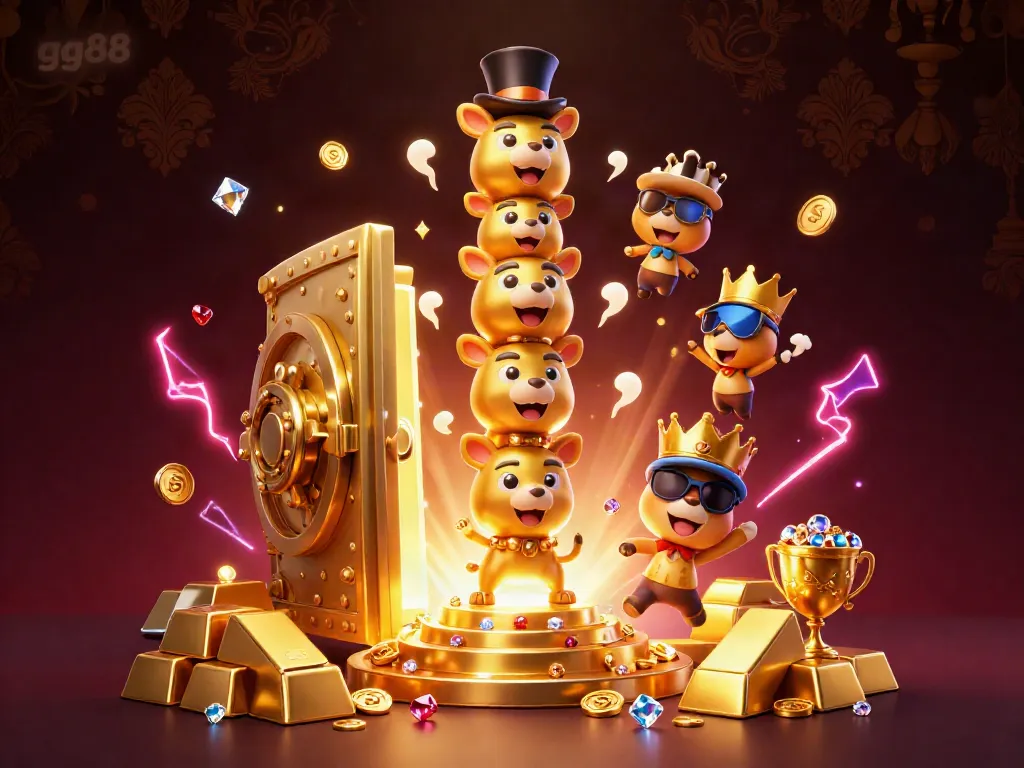 Engage with gg88 in a vibrant 3D casino scene filled with gold treasures and lively animations.