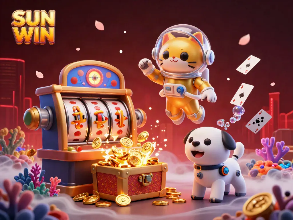 Energize your casino experience with SUN WIN as the cosmic cat ventures through gold-filled treasure and vibrant casino elements.