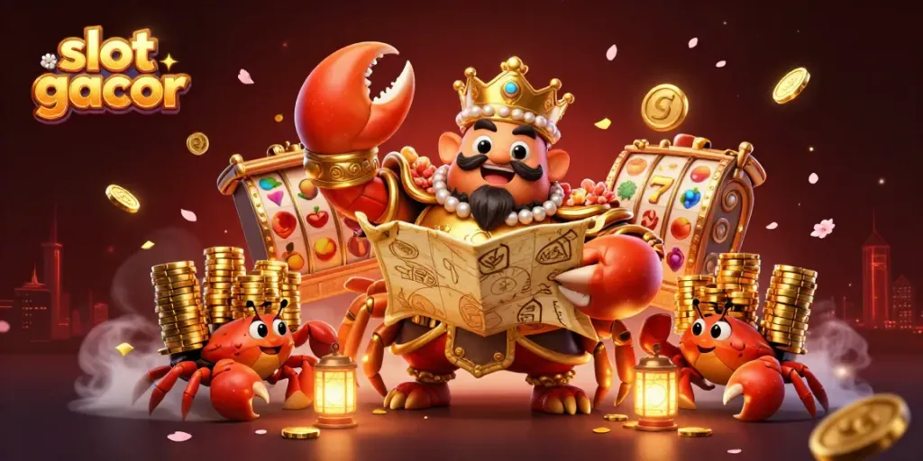 Slot gacor menarik untuk dimainkan dengan karakter kepiting emas dan simbol permainan yang memukau.