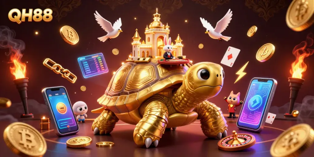 Experience thrilling gameplay at QH88 with a vibrant casino scene featuring a golden tortoise and rabbit dealer.