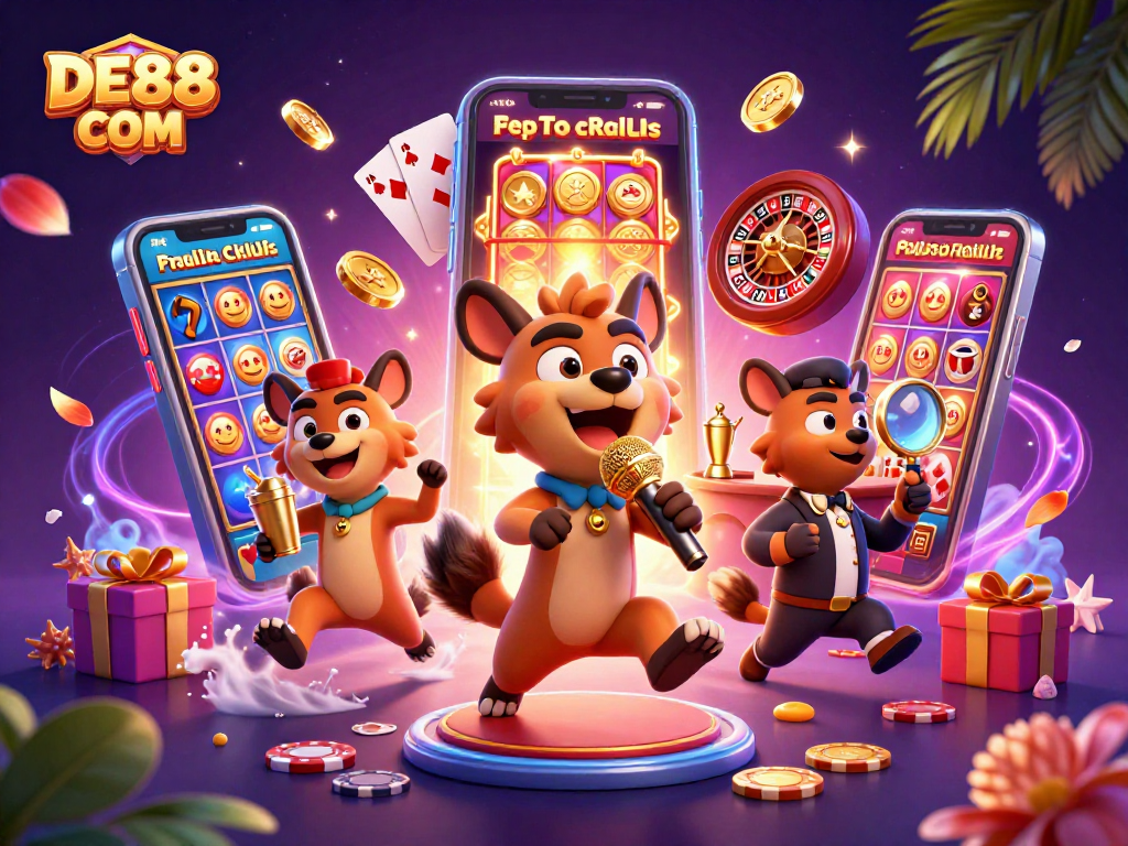Experience the vibrant atmosphere of DE88 COM, a buzzing comedy casino scene with playful hyenas.