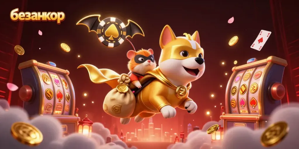 Witness the excitement of безанкор with a superhero dog and hamster in a vibrant casino scene.